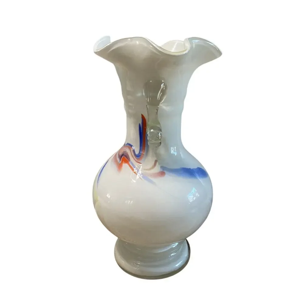 Vintage Dalian Art Glass White Cased Vase Ruffled Edge Double Handle 9.75